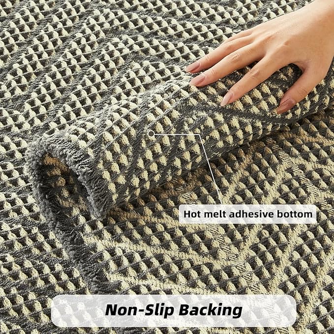Bath Rugs Boho Bath Mat,Upgraded Waffle Bath mat,Super Absorbent Non Slip Bath Rugs,Machine Washable Rugs for Shower Room, Rubber Backing Bath Mats, Ultra Soft,Bluish Grey & Yellow,19"*48"