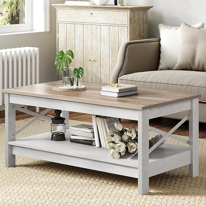 YITAHOME Coffee Tables for Living Room, Modern Farmhouse Coffee Table with Storage, 2-Tier Center Table Wood Living Room Table Accent Cocktail with Sturdy Frame, Grey Wash