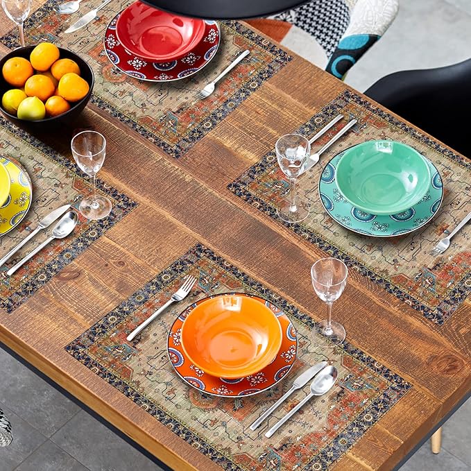 Aztec Terracotta Boho Placemats Set of 4 Vintage Rust Retro Carpet Linen Washable Kitchen Dining Table Mats Stain Heat-Resistant Desktop Decor Place Mats for Home Party Indoor 12x18 in