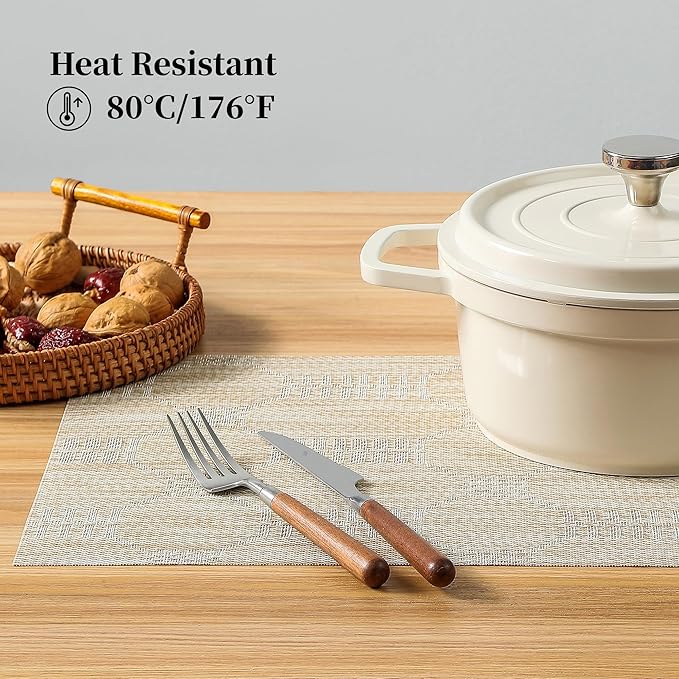 Leetaltree Wheat Placemats Set of 6 - Heat Resistant Non-Slip Place mats for Dining Table, Washable Durable PVC Vinyl Woven Table Mats(Wheat, 6)