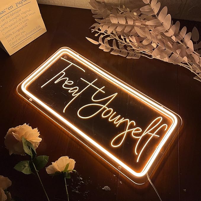 Treat Yourself Neon Sign for Wall Decor, Led Light Neon Signs with Dimmer for Bar Club Windows Cafe Bedroom Room Indoor Aesthetic Decoration Wedding Birthday Party Gifts , USB Powered Warm White Sign 15.8 x 7.9 Inch