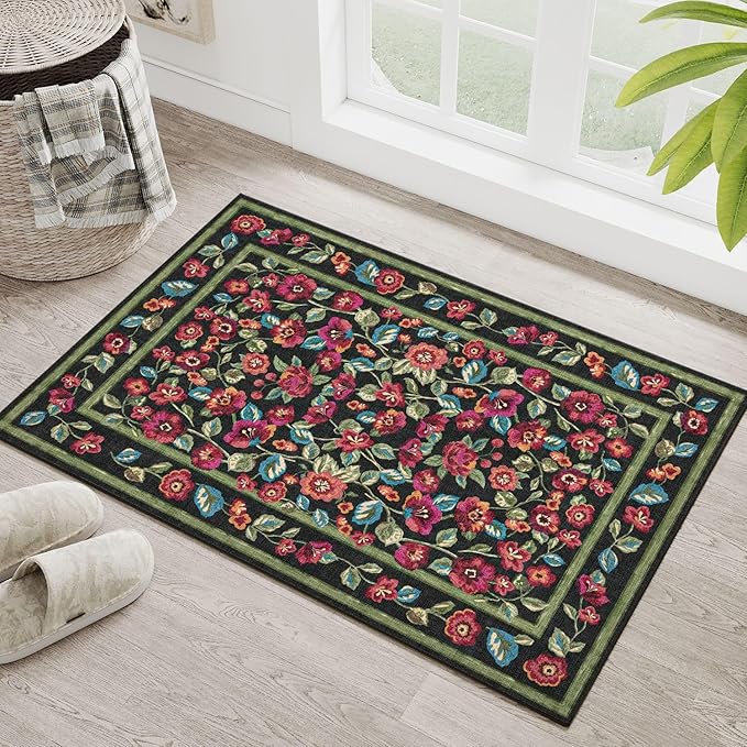 Black Area Rug 2x3 Washable Entryway Door Mat Entrance Non Slip Kitchen Carpet Soft Floral Indoor Vintage Low Pile Accent Throw Rug for Office Dining Room Nursery Bathroom Farmhouse