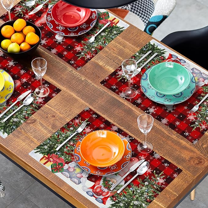 Giwawa Winter Gnomes Placemats Set of 4, Christmas Snowflakes Xmas Trees Linen Table Mats, Red Black Buffalo Plaids Non-Slip Place Mats for Kitchen Dining Holiday Decor, 12x18 Inch