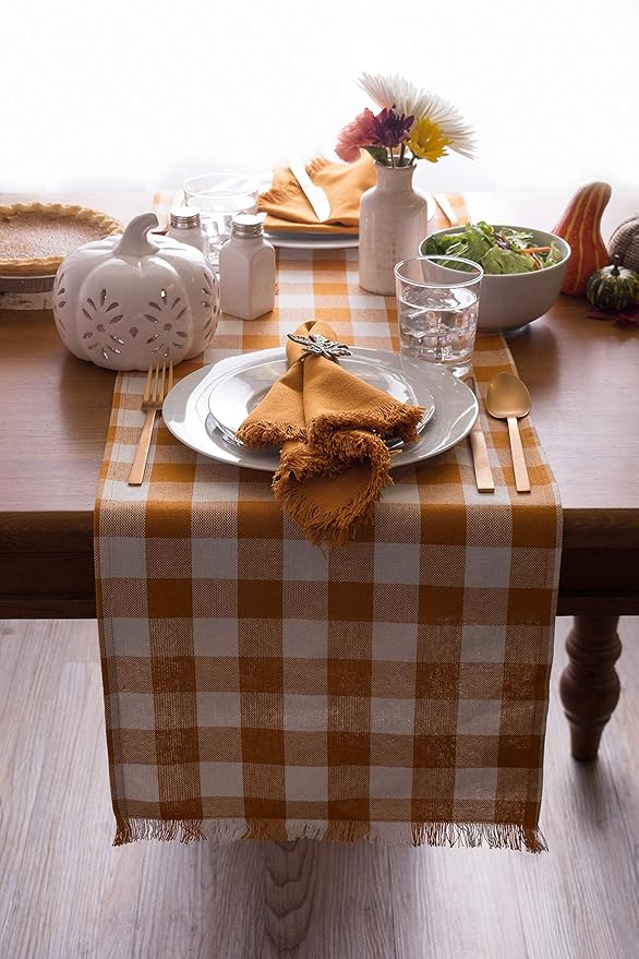 DII Heavyweight Fringed Check Tabletop Collection, Table Runner, 14x108, Pumpkin Spice