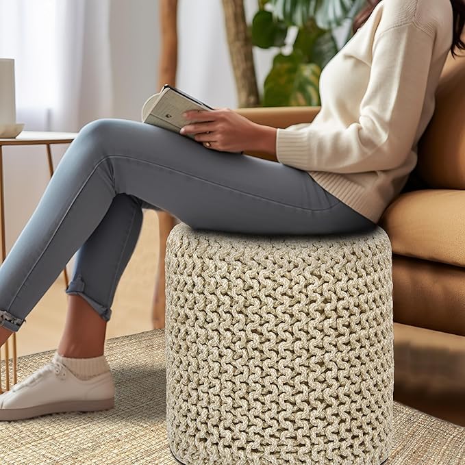 COTTON CRAFT Braided Round Pouf - Hand Knitted Cotton Tweed Cord Cable Dori Cylindrical Ottoman - Foot Stool Floor Pouf Footrest Accent Furniture - Family Room Bedroom Dorm Décor - 15" x 16" - Natural