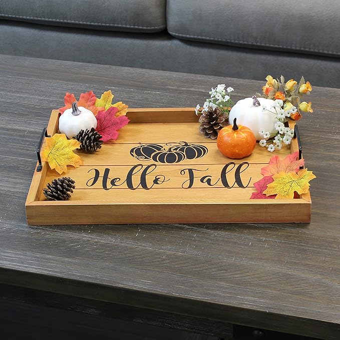 Elegant Designs HG2000-NHF Decorative Wood Serving Tray w/Handles, 15.50" x 12", Hello Fall