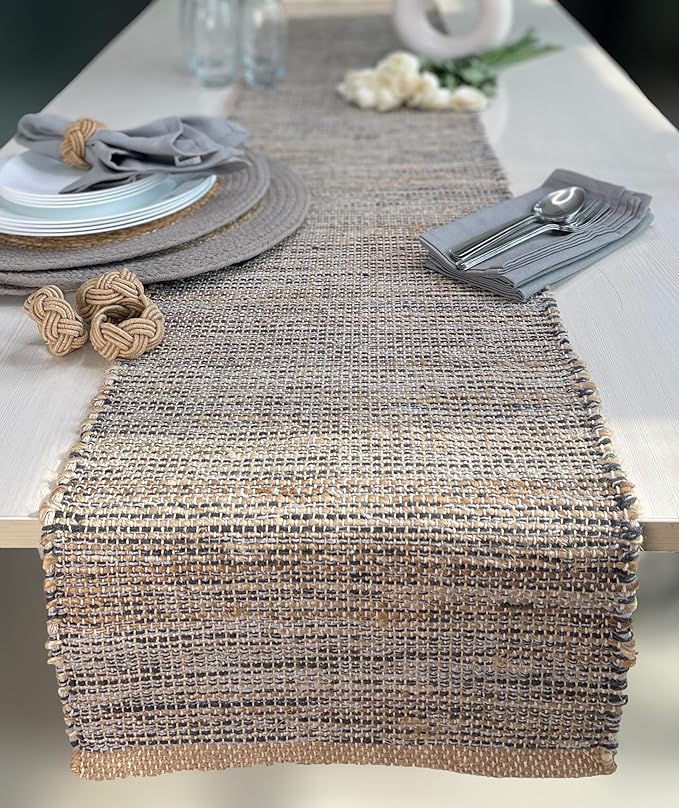 Chardin home Natural Jute Table Runner 13x90 Inch – Vintage Boho Rustic Table Decor – Handwoven Jute Table Runner in Natural and Grey – Farmhouse Dining or Console Table Accent