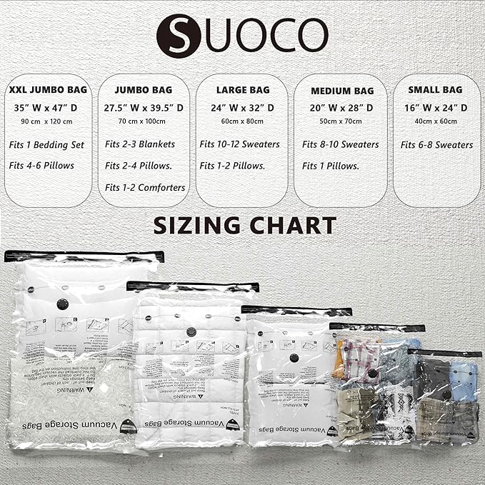 SUOCO 14 Combo Vacuum Storage Bags with Electric Pump, (4 Jumbo, 4 Large, 3 Medium, 3 Small) Travel Clothes Space Saver Bags, Compression Airtight Seal Bags for Clothing, Pillows, Comforters, Blankets