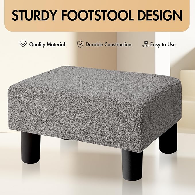 BRIAN & DANY Small Foot Stool Ottoman, Footstool with Legs, Teddy Velvet Foot Rest for Living Room, Bedroom and Office, Grey