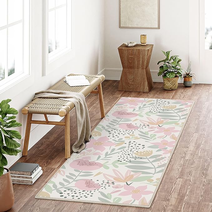 Floral Runner Rug 2x6 Washable Hallway Pink Bedroom Non Slip Cute Long Kitchen Carpet Botanical Indoor Soft Accent Rug for Bathroom Dining Laundry Living Room