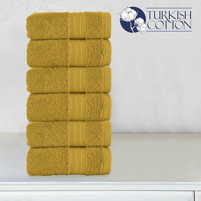 Elegant Comfort Premium Turkish Cotton 6 Pack Washcloths Set - 13 x 13 inch, Luxurious Hotel Spa Quality 100% Turkish Cotton 6PC Washcloth Set - Highly Absorbent - Soft Bathroom Towels, Gold