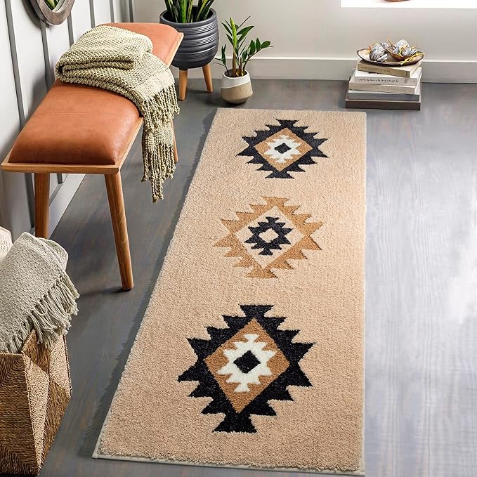 DEXDE Boho Bathroom Runner Rugs 24x60 Long Bath Mat for Bathroom Bedroom Hallway Kitchen Shower Luxury Soft Absorbent Large Bath Rugs Carpet Geometric Farmhouse Home Decor, Beige