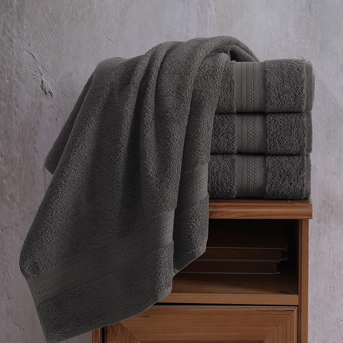 REGAL RUBY 4 Pack Grey Bath Towels Quick-Dry High Absorbent 100% Turkish Cotton Towel for Bathroom, Guests, Pool, Gym, Camp, Travel, College Dorm, Shower