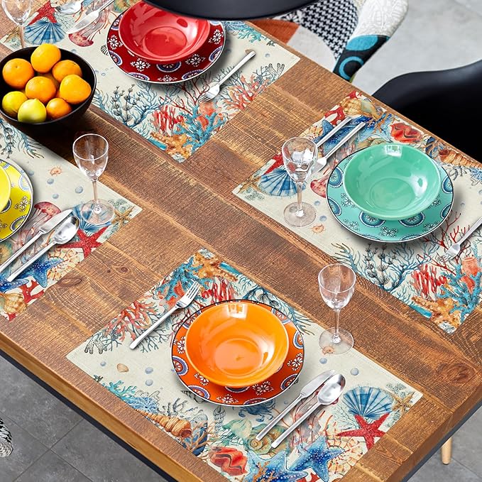 Giwawa 4PCs Summer Beach Placemats 12x18 Inch Ocean Coral Starfish Seashell Decorative Place Mat Vintage Nautical Collection Heat Resistant Table Mats for Kitchen Dining Party Seasonal