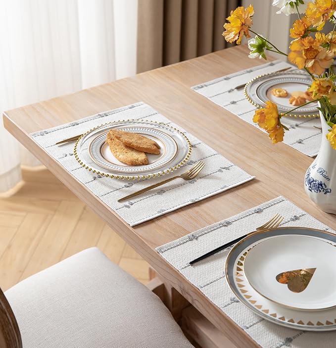 Boho Placemats Set of 4 for Dining Table Decor, Woven Cloth Place Mats for Farmhouse Rustic Kitche Home Decor, Cotton Placemats 13 x 19 Inch, Grey and Beige Table mats