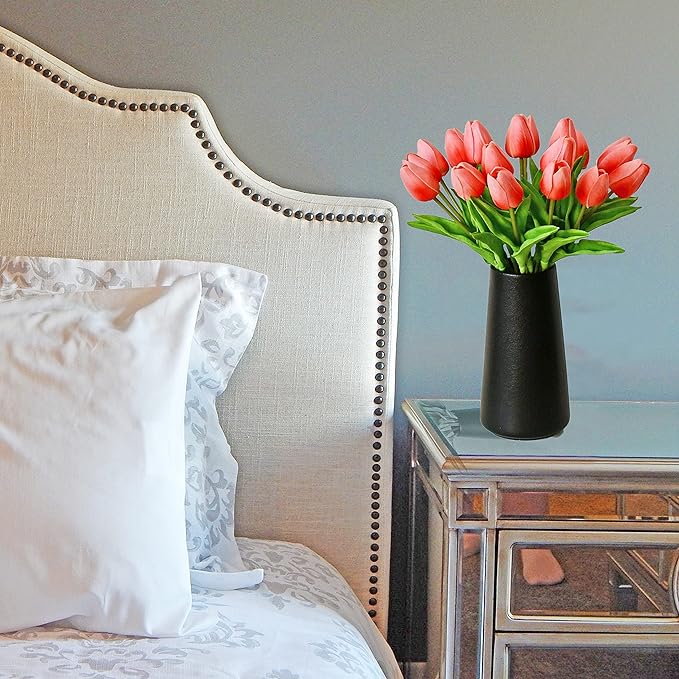 Mandy's Artificial Tulips 20 Stems Coral PU Faux Flowers for Wedding Home Decor 13.5 Inch