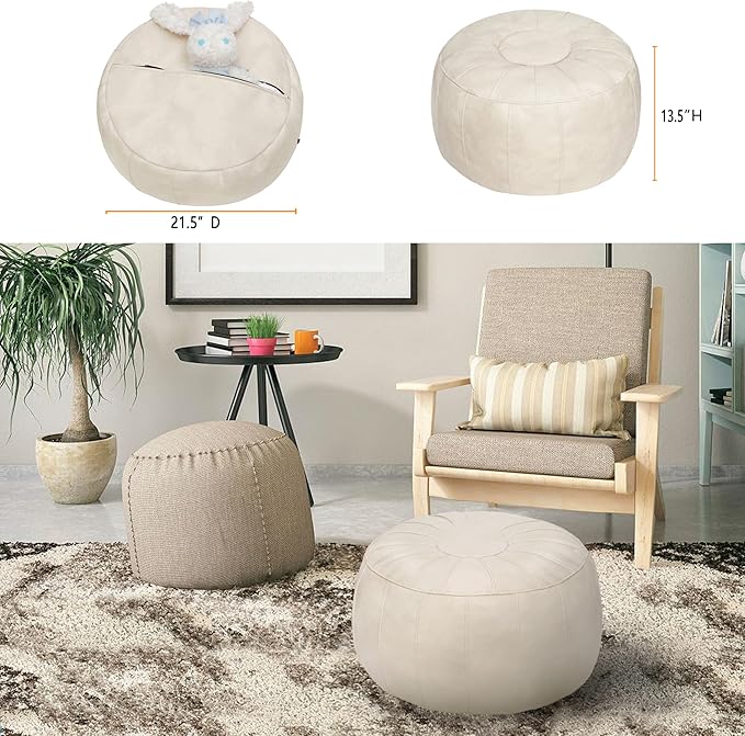 Thgonwid Unstuffed Moroccan Ottoman Pouf Cover, Ottoman Footstool Storage Solution, Bean Bag Chair, Foot Rest, Ivory White