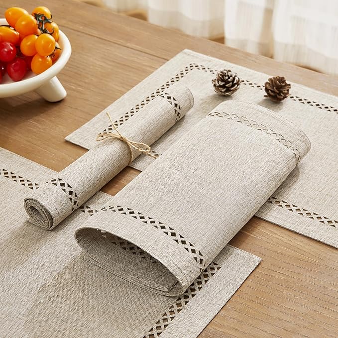 Burlap Placemats Set of 6, 12 x 18 Inch Rustic Geometric Hollow Place Mats, Heat Resistant Placemats for Farmhouse Kitchen Table Decor, Coffee 6PCS