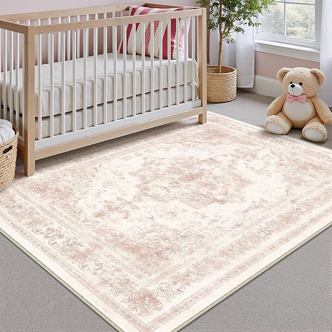 Area Rug 3x5 Washable Pink Rug Vintage Boho Medallion Entryway Door Mat Entrance Distressed Retro Carpet Non Slip Low Pile Small Soft for Office Kitchen Bedroom Laundry Bathroom Hallway