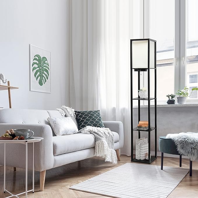 Simple Designs LF1037-BLK Floor Lamp Etagere Organizer Storage Shelf with 2 USB Charging Ports, 1 Charging Outlet and Linen Shade, Black