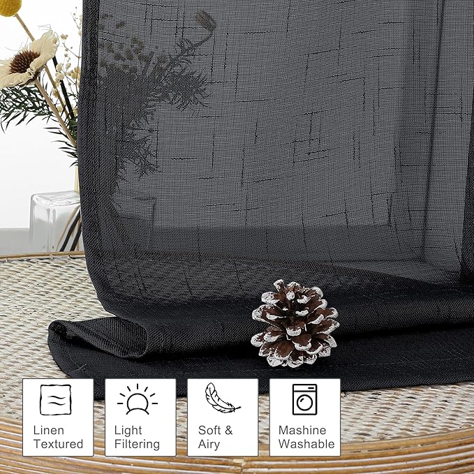 Aiyufeng Black Sheer Curtains, 72 inches Long 2 Panels, Fresh Textured Semi Sheer Linen Breathable Elegant Door Curtains & Drapes for Farmhouse/Living Room/Kitchen, 40Wx72L inch