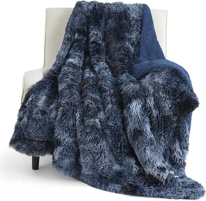Bedsure Fuzzy Sherpa Faux Fur Twin Blanket Tie Dye Navy Cozy Gifts for Women Men, Soft Fleece Plush Warm Minky Thick Blanket Twin Size for Bed, Room Decor Dorm Essentials Blue Decor Gifts, 60x80