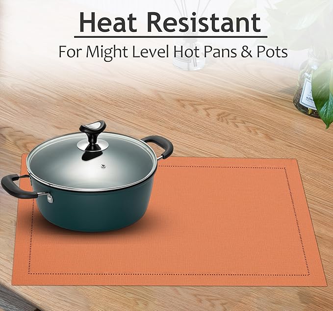 Ruvanti Linen Placemats Set of 6-13x19 Inch, Classic Hemstitch, Heat Resistant Machine Washable Place Mats, Soft & Elegant- Perfect for Christmas, Thanksgiving, Easter, Weddings, Dinner - Orange