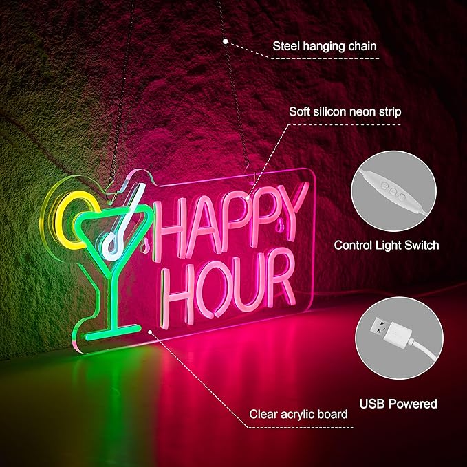 Cocktails Happy Hour Neon Sign for wall décor with Dimmable Switch LED Neon Signs Bedroom Beer Bar Neon Light Sign Hotel Party Club Office Art Lights.