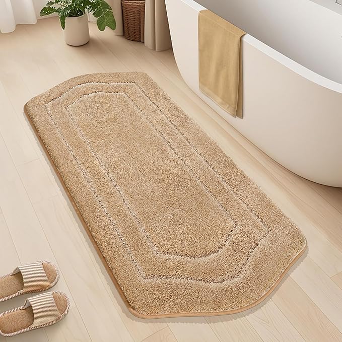 COSY HOMEER Bathroom Rugs Mat 24”x60” Absorbent Non-Slip Bath Mat, Plush Shaggy Bathroom Runner, Machine Washable Large Soft Bath Mats for Bath Floor,Tub and Shower,Beige