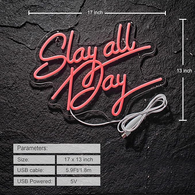 Slay All Day Neon Sign for Wall Décor Dimmable LED Neon Light USB Powered Neon Art signs for Pub Store Man Cave Party(17X13inches,Pink)