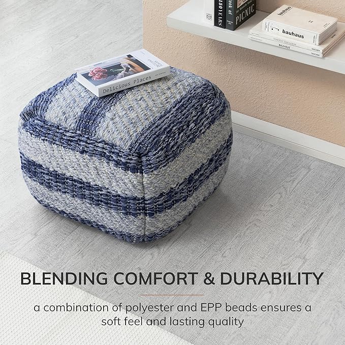 Anji Mountain 100% Handmade & Handcrafted Comfortable Home Décor Pouf Ottoman Footrest for Living Room, Bedroom, Nursery, Kidsroom, Patio Furniture - (22" x 22" x 16"- Navy,Ivory)