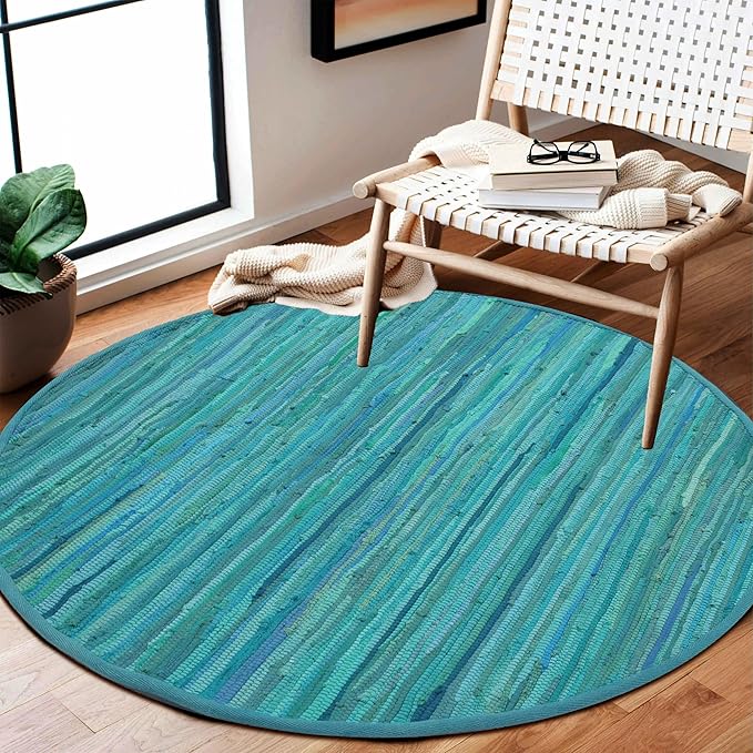 Area Rugs 4Ft Round Teal Handwoven Rug Farmhouse Green for Bedroom, Bathroom,Living Room | Boho Reversible Washable RagRug Circle Carpet for Kitchen, Patio, Kids Playroom, Nursery