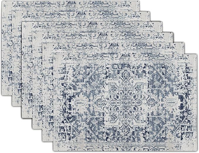 Navy Blue Grey Ethnic Boho Placemats Set of 6 Bohemian Carpet Vintage Gray Linen Washable Kitchen Dining Table Mats Stain Heat-Resistant Desktop Decor Place Mats for Home Party Indoor 12x18 in