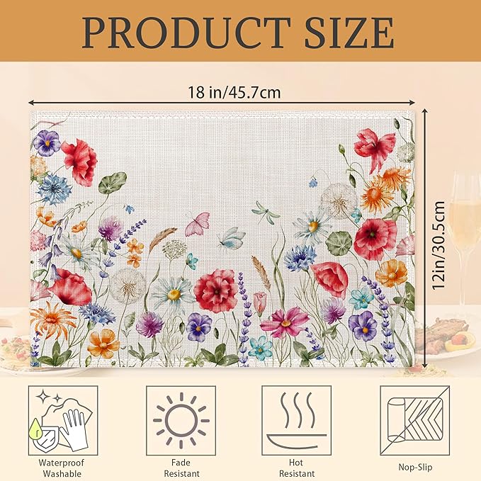 Watercolor Floral Chamomile Lavender Flowers Placemats Set of 6 Place Mats for Kitchen Table Washable Farmhouse Linen Table Mats Dining Decoration 12x18 Inch