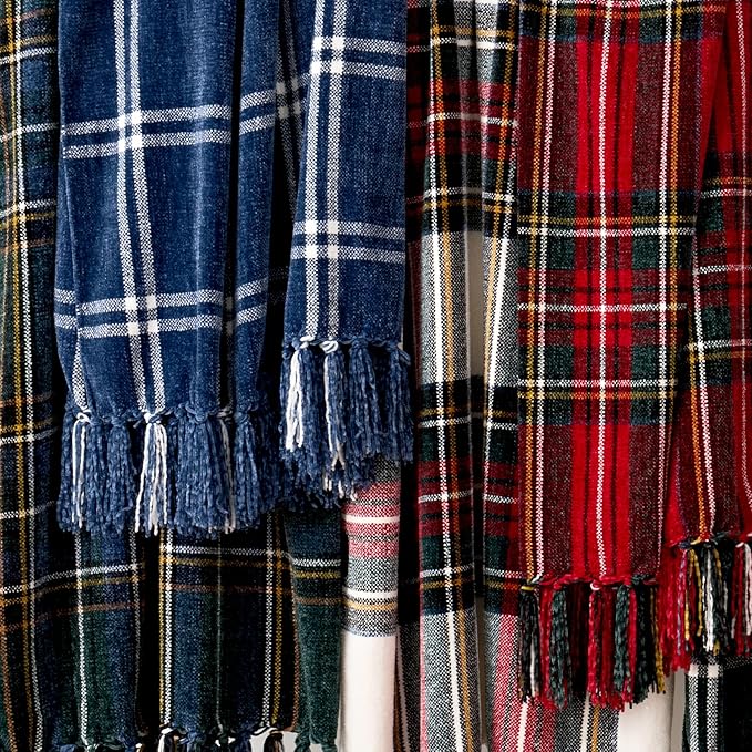 EVERGRACE Stewart Green Christmas Plaid Chenille Throw Blanket for Couch, Super Soft Cozy Tartan Checkered Throw Blanket with Tassels, Lightweight Plush Chenille Throw for Christmas Decor, 60"x80"