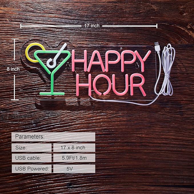 Cocktails Happy Hour Neon Sign for wall décor with Dimmable Switch LED Neon Signs Bedroom Beer Bar Neon Light Sign Hotel Party Club Office Art Lights.