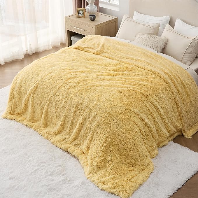 Bedsure Fluffy Yellow Blankets Queen Size for Bed, Thick Sherpa Faux Fur Fleece Fuzzy Plush Winter Warm Heavy Soft Full Queen Blankets, Bedroom Decor Yellow Gifts Cozy Gifts for Women Men, 90x90