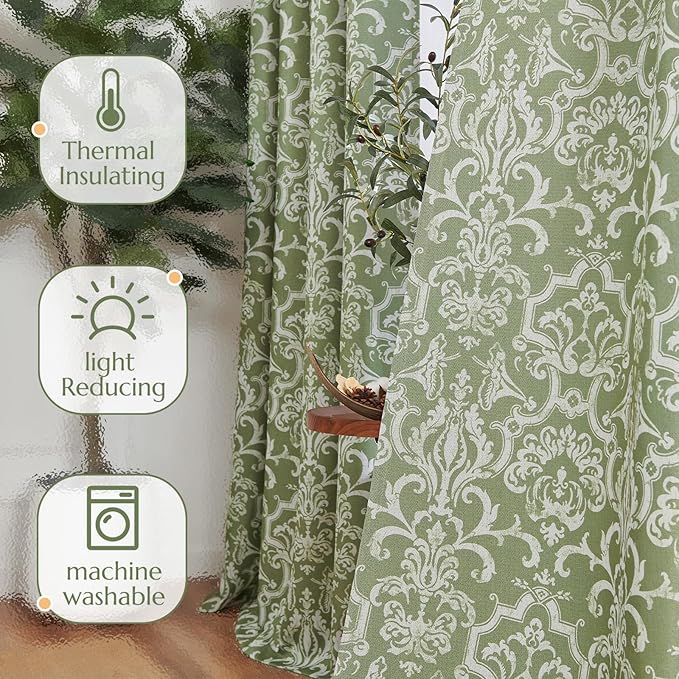 jinchan Room Darkening Curtains for Bedroom Sage Green Damask Patterned Curtains 84 Inch Length for Living Room Linen Textured Vintage Drapes Medallion Window Treatments Grommet Top 2 Panels Set
