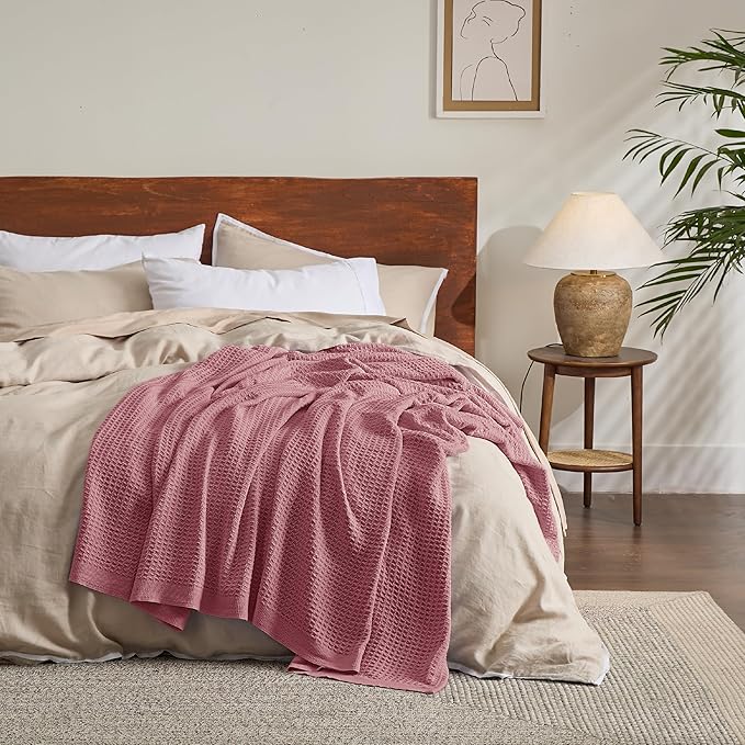 Bedsure 100% Cotton Blanket Queen Size for Bed - Breathable and Soft, Waffle Weave Blanket for Summer Spring, Dusty Rose, 90x90 Inches