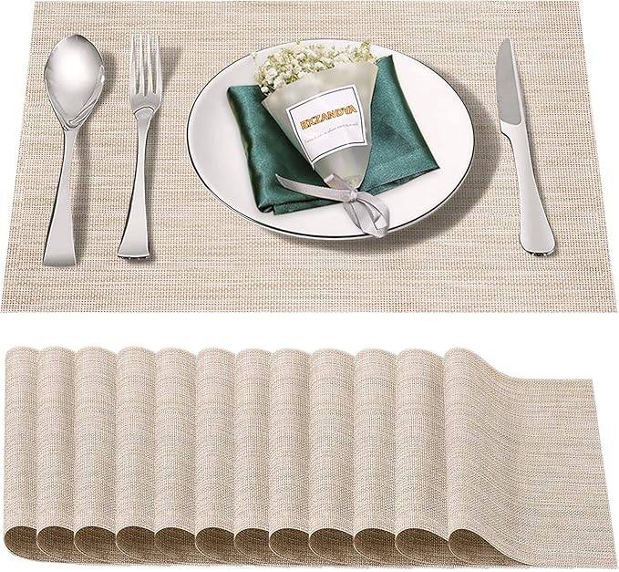 Placemats Set of 12,Washable,Heat and Stain Resistant Indoor/Outdoor Place mats, Vinyl Woven Non Slip Table Mats for Restaurant Table Protection, PVC Table Placemats.(Beige White,12PCS)