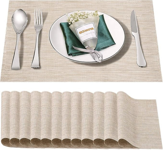 Placemats Set of 12,Washable,Heat and Stain Resistant Indoor/Outdoor Place mats, Vinyl Woven Non Slip Table Mats for Restaurant Table Protection, PVC Table Placemats.(Beige White,12PCS)