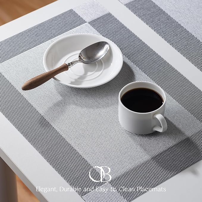 Placemats Set of 6 - Easy Clean Woven Vinyl Placemats for Dining Table, Indoor/Outdoor Place Mats, Washable PVC Table Mats (Silver Cube)
