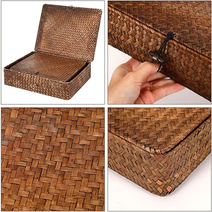 6 Pcs Seagrass Storage Baskets with Lid Large Wicker Decorative Storage Baskets Stackable Boxes Woven Rectangular Rattan Storage Bins Shelf Baskets Organizer for Closet Bedroom, Coffee