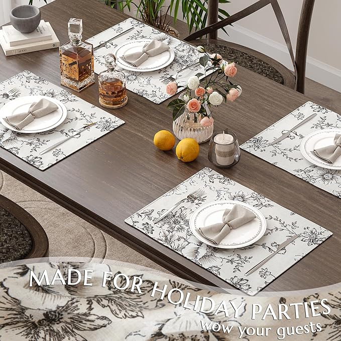 JINCHAN Floral Placemats Set of 4 Farmhouse Fall Autumn Linen Placemats Cloth Table Mats Holiday Seasonal Rustic for Kitchen Dining Table Decor Heat Resistant Washable Tablemats 13x19 Inch Black