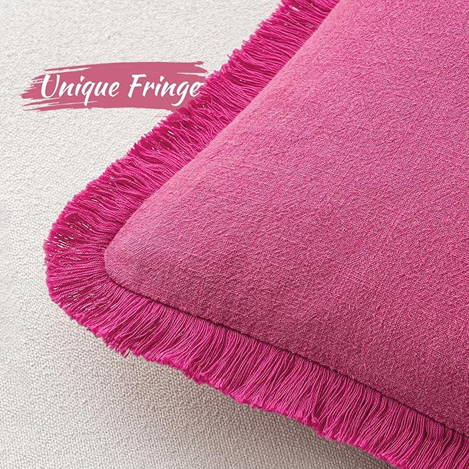 MIULEE Decorative Lumbar Throw Pillow Covers Neutral Linen Fringe Throw Pillows Set of 2 Hot Pink Boho Farmhouse Cushion Covers for Couch Sofa Bed Living Room Spring Home Decor 12x20 Inch
