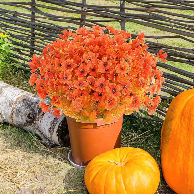 AmyHomie 20 Bundles Fall Orange Artificial Flowers for Outdoor Fall Decor UV Resistant Faux Flowers No Fade Fake Plastic Plants Garden Porch Window Box Decorating