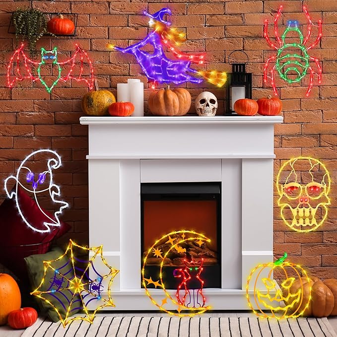 Halloween Window Lights - 16" Halloween Window Silhouette Holiday Displays - 4 Pack Colour Lighted Bats & Ghost & Spider & Skull Head for Holiday Indoor and Outdoor Wall Door Window Decorate