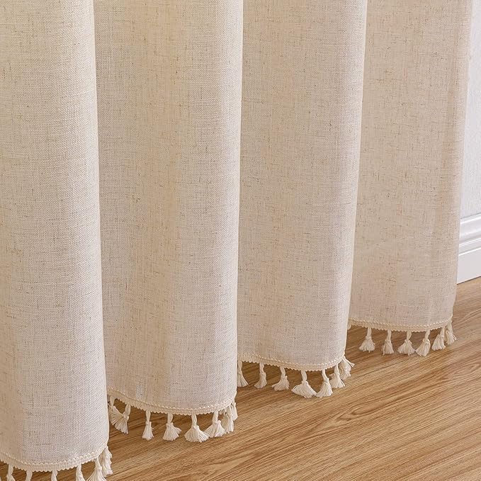 Joydeco Linen Boho Curtains 63 Inch Length 2 Panels, Super Soft Bohemian Farmhouse Curtains with Tassels, Semi Sheer Light Filtering Drapes for Bedroom Living Room (Rod Pocket, 52Wx63L)