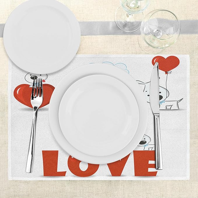 Ambesonne Valentines Day Place Mats Set of 8, Puppy Love Hearts and Dogs His Hers Heart Balloon Romantic Print, Washable Fabric Placemats for Dining Table, Placemat 8 pcs, Red White