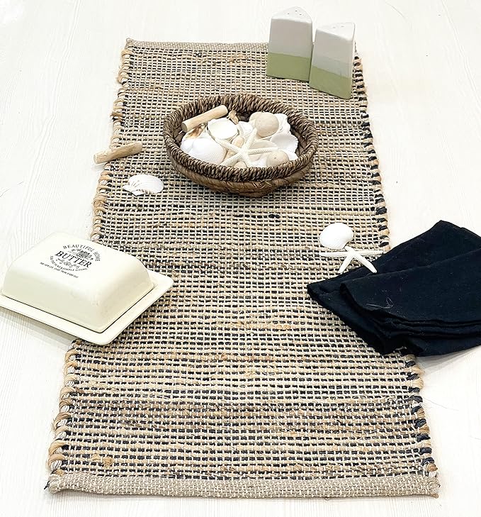 Chardin home Natural Jute Table Runner 13x36 Inch – Vintage Boho Rustic Table Decor – Handwoven Jute Table Runner in Natural and Black Charcoal – Farmhouse Dining or Console Table Accent